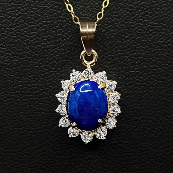 Vintage Blue Lapis Lazuli and Swarovski Crystal Pendant Necklace 18K Gold Elec - Picture 4 of 5